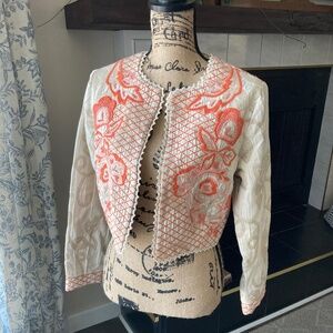 Soft Surroundings Sz S Coral Cream Bolero Lace and Beading Embroidery Detail